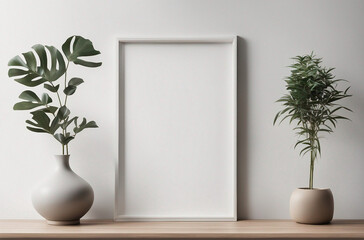 Empty vertical frame mock up in modern minimalist interior with plants in trendy vases on both sides