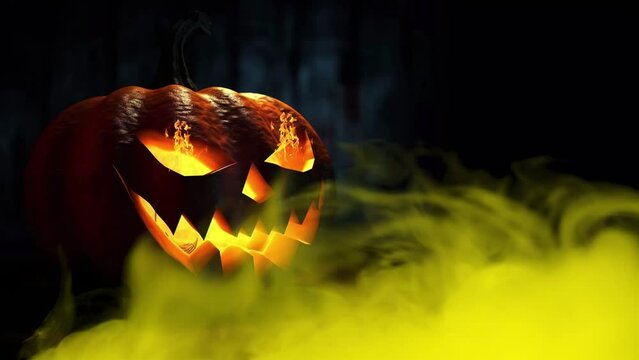 Halloween jack o lantern glowing with fire ank smoke. 