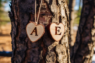 Two wooden hearts with the initials A and E