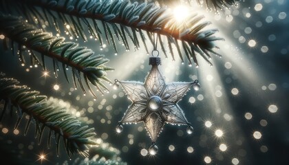 Fototapeta na wymiar Star-Shaped Glass Christmas Ornament on Pine Branch