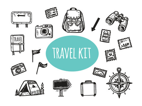 Travel kit element's set. Contains pictures of backpack, photo camera, road signs, tent, travel journal, postal stamps, binocular and compass. Vintage elements.