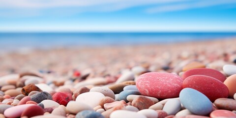 Trendy pink and red colorful small sea stone pebbles on the sandy beach background. Multicolored abstract beach nature pattern, blue sky and sea, with copy space.