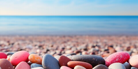 Trendy pink and red colorful small sea stone pebbles on the sandy beach background. Multicolored abstract beach nature pattern, blue sky and sea, with copy space.