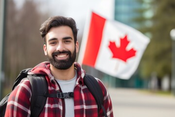 Portrait of a Hispanic college student carrying a backpack and standing Canada flag in background