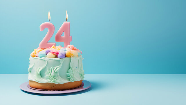 24th year birthday cake on isolated colorful pastel background