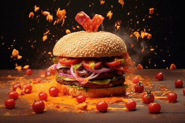 heart-shaped burger with exploding hearts. Generative AI