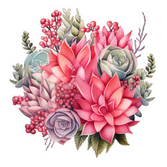Pink succulents, isolated on transparent white background. Watercolor illustration
