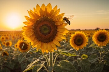 Fototapeta premium Summer Flower Field of Bright Yellow Sunflowers Under Blue Sky – Vibrant Agriculture Scene with Blooming Sunflowers, Green Leaves, and Radiant Sunlight Celebrating Nature’s Beauty and Growth