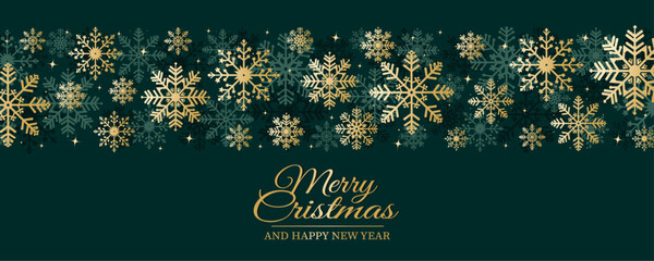 Beautiful Christmas background. Green festive background with golden snowflakes and congratulatory text. Vector illustration for poster, card, banner or print design. - obrazy, fototapety, plakaty