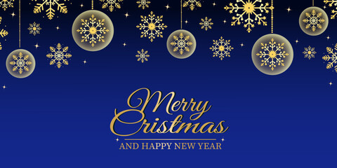 Beautiful Christmas background. New Year blue background with golden snowflakes, abstract Christmas balls and holiday greetings.