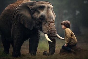 A kid hugging elephant. National Elephant Day concept. 