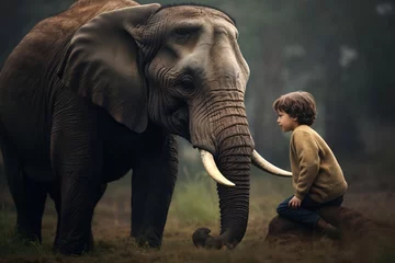 Zelfklevend Fotobehang A kid hugging elephant. National Elephant Day concept.  © Gasi
