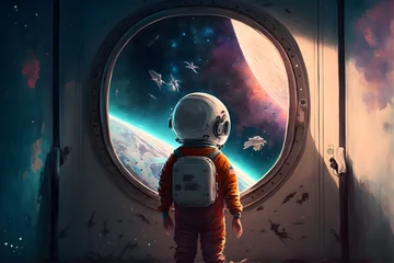 Fototapeten Inspiration comes when we least expect it young boy astronaut space theme cartoon universe  © Lorrie