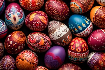 Fototapeta na wymiar Pile of birght and colorful detailed hand painted Easter Eggs 