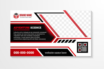 adventure science horizontal banner design template. Editable modern banner with white background color. combination red and black elements. diagonal space for photo. Usable for banner, cover, header