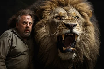 Zelfklevend Fotobehang a person with giant lion roaring. roaring mighty fantasy lion. fantasy surreal gigantic animal. © Gasi