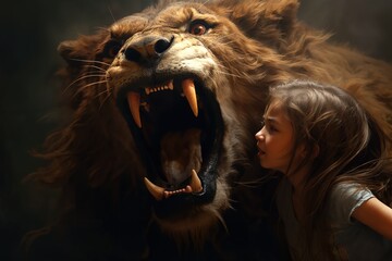 a person with giant lion roaring. roaring mighty fantasy lion. fantasy surreal gigantic animal.