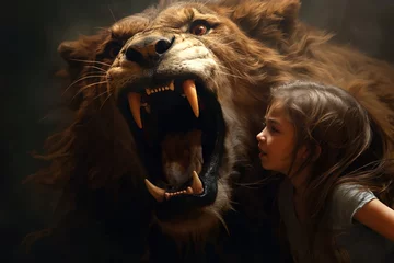 Fotobehang a person with giant lion roaring. roaring mighty fantasy lion. fantasy surreal gigantic animal. © Gasi