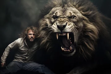 Gordijnen a person with giant lion roaring. roaring mighty fantasy lion. fantasy surreal gigantic animal. © Gasi