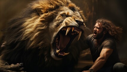 a person with giant lion roaring. roaring mighty fantasy lion. fantasy surreal gigantic animal.