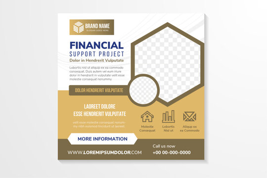financial support project headline of social media banner design template with square layout. combination brown and white colors on element and background. transparency curve pattern, space for photo