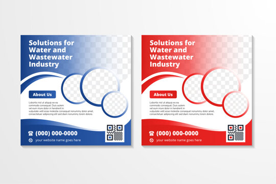 set of solutions for water and wastewater industry headline of social media banner design template with square layout. blue and red color elements. white background. space for photo collage and text.