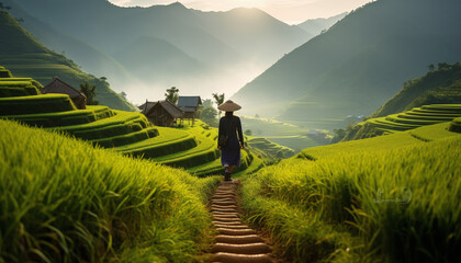 An Asian woman adorned in traditional Vietnamese cultural attire stands amidst the breathtaking rice terraces of Mu Cang Chai, Vietnam.