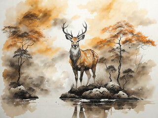 deer in the nature, deer watercolor art