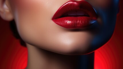 Obraz premium Close-up portrait of a woman with red lipstick on her lips. Women's beauty, cosmetics.