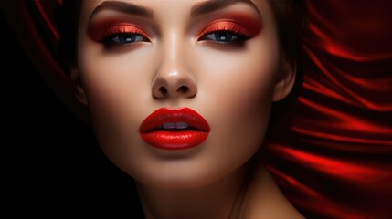 Fototapeta premium Close-up portrait of a woman with red lipstick on her lips. Women's beauty, cosmetics.