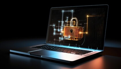 Isolated laptop with overlay visualization of yellow metallic padlock for data security and digital network privacy protection
