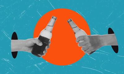 Modern art composition with two male hands holding beer bottles with lager, cold beer.