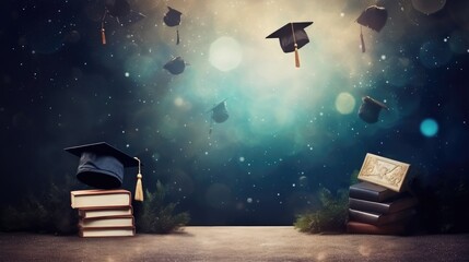 Graduation and university poster with copy space and graduate hats in the air - obrazy, fototapety, plakaty