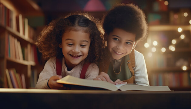 Two happy little childern, curly boy and girl, reading in library decorated with lit LED lights enjoying knowledge and literacy learning together - Powered by Adobe
