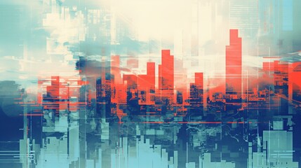 Fototapeta na wymiar Generative AI, Poster with cityscape in risograph and glitch style, vivid colors
