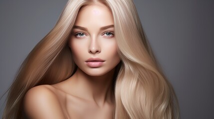 Naklejka premium Beautiful blonde woman with long, healthy , straight and shiny hair. Hairstyle loose hair 