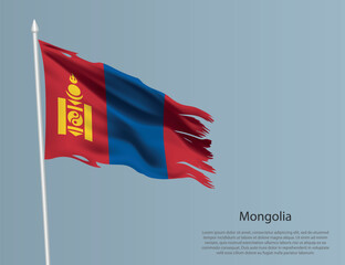 Ragged national flag of Mongolia. Wavy torn fabric on blue background