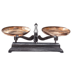 Old pharmacy scales. Watercolor hand drawn illustration of antique alchemist table weigher. Clipart for blog design on the topic of medicine, alchemy and chemistry.