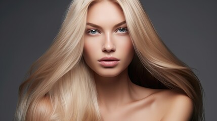 Beautiful blonde woman with long, healthy , straight  and shiny hair.  Hairstyle loose hair 