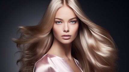 Fototapeta premium Beautiful blonde woman with long, healthy , straight and shiny hair. Hairstyle loose hair 