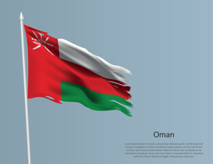 Ragged national flag of Oman. Wavy torn fabric on blue background