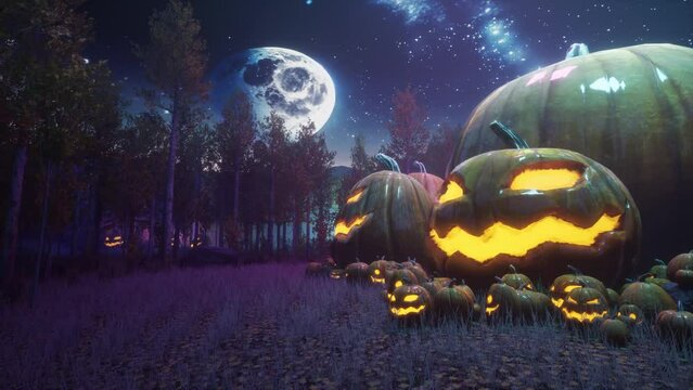 Scary Halloween Pumpkin - Moonlight night loop animation