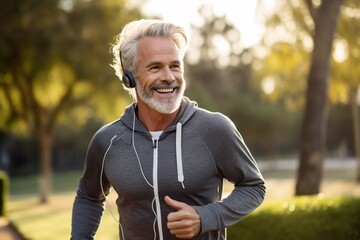 A dynamic and inspiring image of a senior man engaged in an outdoor run in a park
