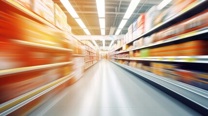 Fototapeta na wymiar Supermarket aisle and shelves blurred background, Generative AI