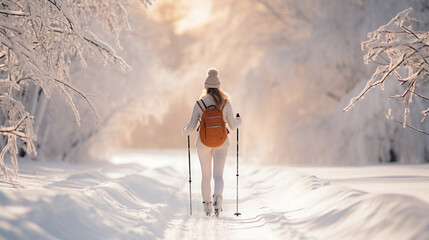 Winter Wonder, Young Woman Gliding Through Snowy Trails on Cross Country Skis - obrazy, fototapety, plakaty