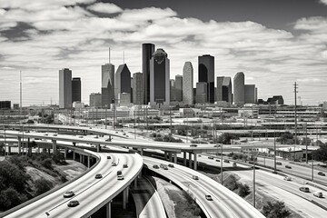 Cityscape view of Houston's urban area with tall buildings and highways. Generative AI