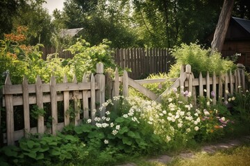Rural garden with wooden fence. Generative AI