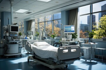Interior of a modern hospital room. Medical equipment and patient bed.