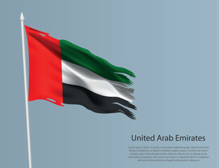 Ragged national flag of United Arab Emirates. Wavy torn fabric on blue background