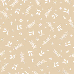 Christmas Seamless Pattern with Simple Leaves Branches. Merry Christmas Repeat Background for Winter Holiday, Textile, Surface Design. Vector